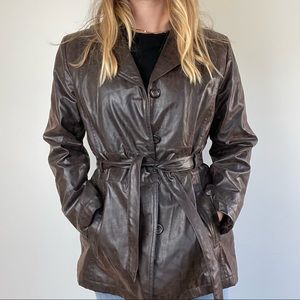VINTAGE Antique Brown Leather Jacket Y2K 90’s Matrix Faux